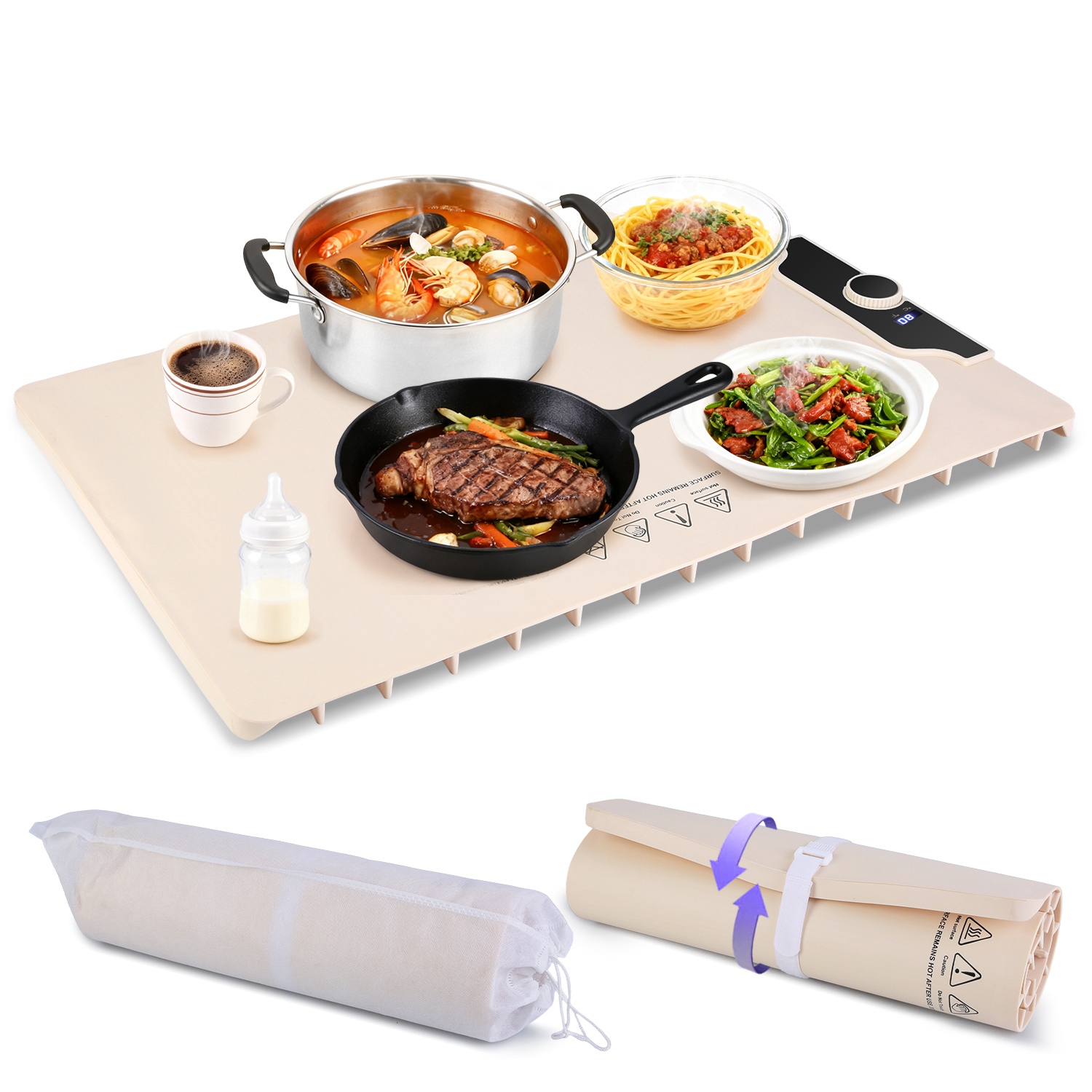 Food Warming Mat 23.6X15.8In 300W Fast Heating Electric Silicone Food Warmer With 14 Temp Levels 10Hrs Timer Settings Roll-Up Portable Hot Plates Heat Pad For Parties Buffet — foto 5