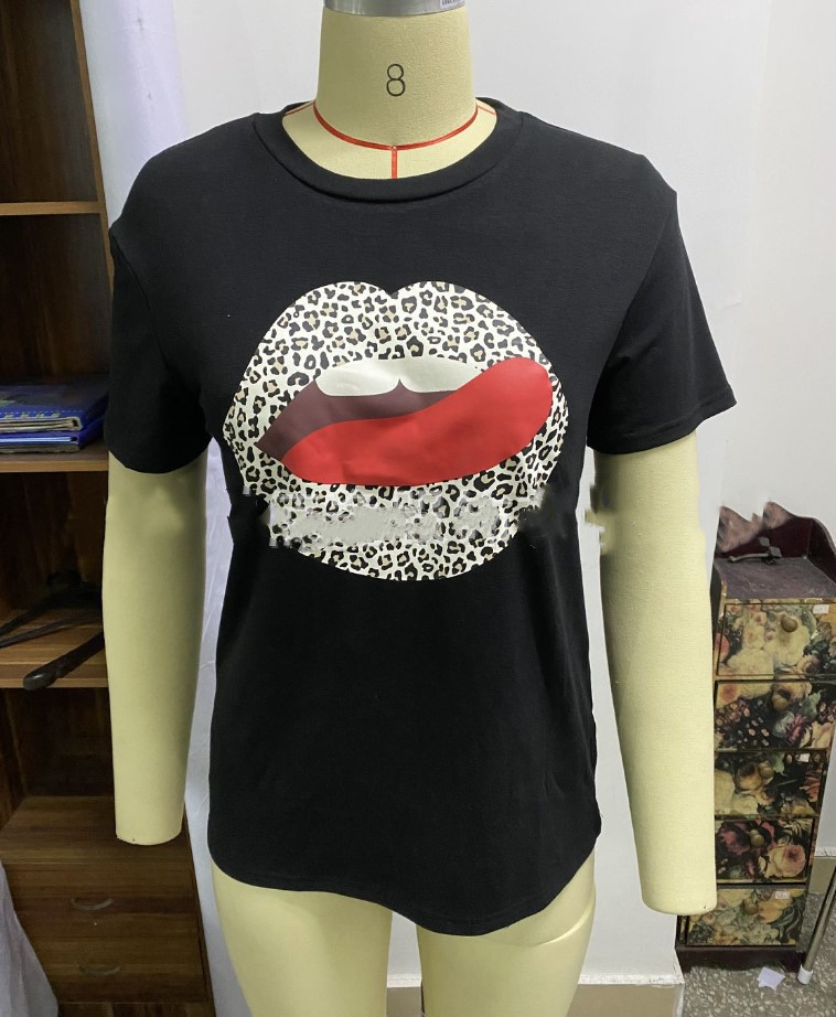 Title 4, Lips Leopard Print Round Neck Short-sleeved Tsh...