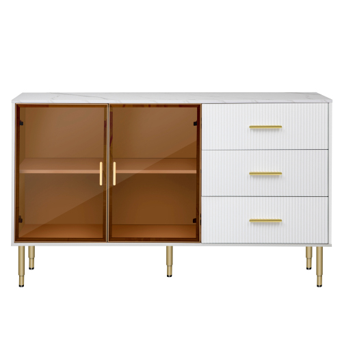 Modern Sideboard, Buffet Cabinet With Marble Sticker Top And Amber Tempered Glas - Picture 8 of 8