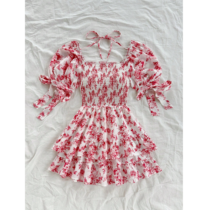 Women's Puff Sleeve Square Neck Smocked Dress Boho Floral Print Off Shoulder Ruffle Mini Short Dress Pink - Shop at LoveMi
