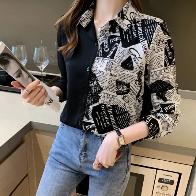 Women's Monogram Print Long sleeve Patchwork Shirt Black - Shop at LoveMi