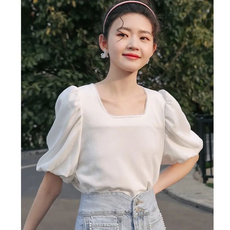 French Square Neck Short-sleeved T-shirt Women's Niche Design