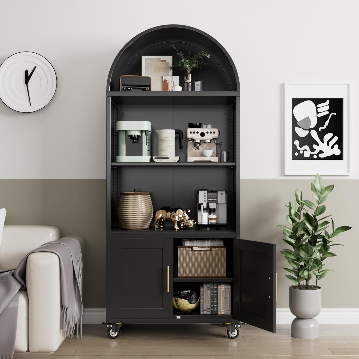 Modern Arched Metal Bookcase with Wheels – Freestanding Black Storage Shelf - Image 8