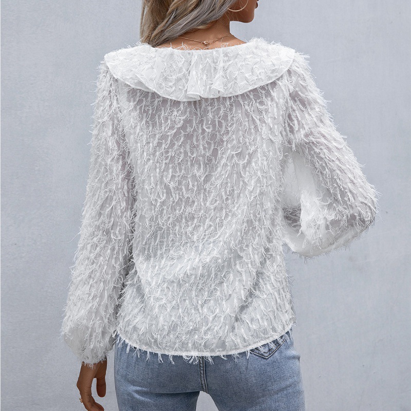 Ruffled Fringed Feather V-neck Long-sleeved Shirt