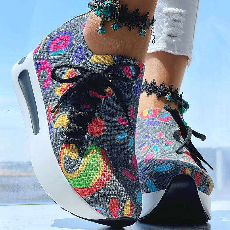Women's Random Print Side Lace-Up Elastic Sport Shoes, Comfortable Slip-On Sneakers For Women, Casual Daily Wear Footwear — foto 18