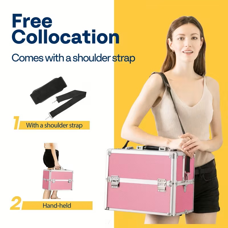 3 In 1 Aluminum Cosmetic Makeup Case Makeup Travel Organizer Cosmetology Case, Aluminum Cosmetic Display Suitcase On Wheels, Beauty Storage Luggage Lockable W-4 Removable Wheels 7