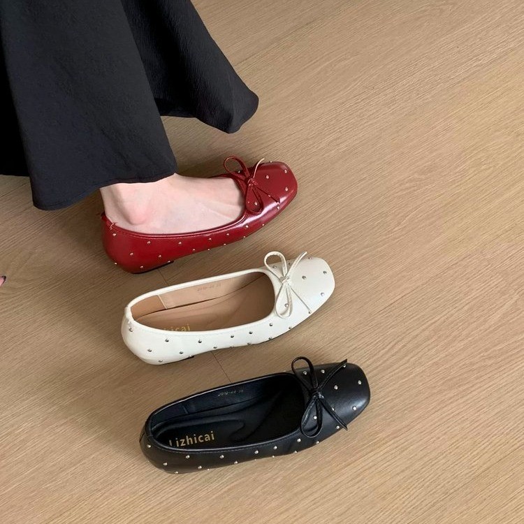 Women Vintage Rivet Bow Flat Shoes, Invisible Height Increase Shallow Cut Grandma Shoes, Soft Sole Slip-On Comfortable Driving Shoes