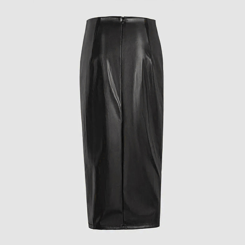 Women's Solid Color PU Leather Pencil Skirt, Drawstring Waist Bodycon Midi Skirt With Slit Hem