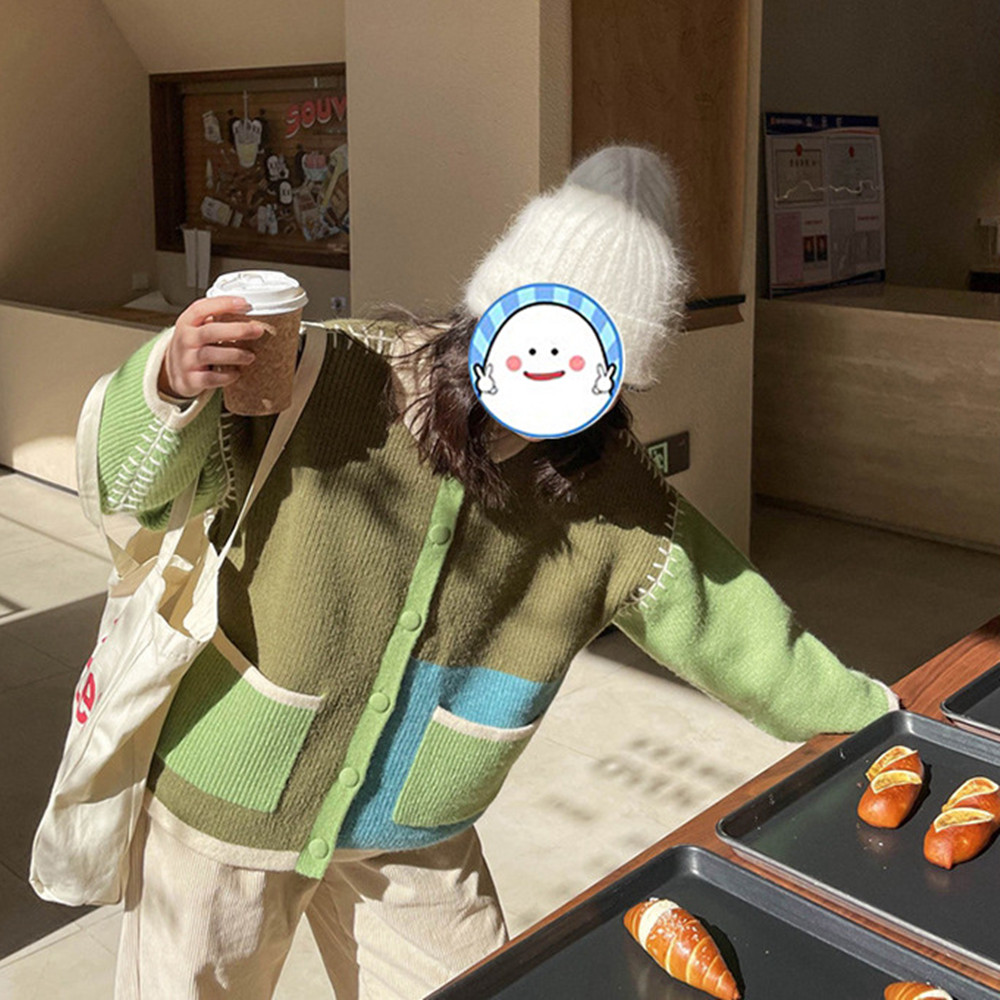 Vintage Personality Contrast Color Patchwork Sweater Jacket