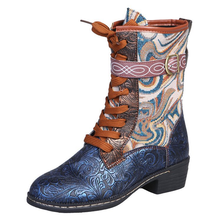 Retro Embroidered Ethnic Style Square Heel Martin Boots