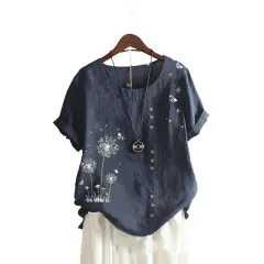 Large Size Casual Loose Cotton And Linen Print Dandelion Short Sleeve Pullover T-shirt - Blue - View 1