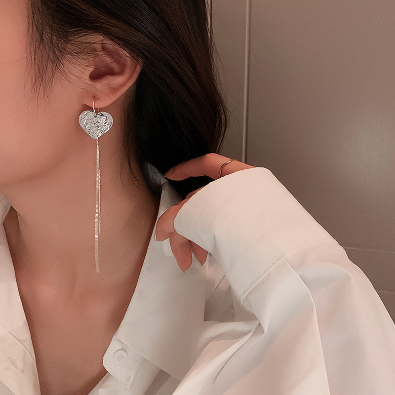 925 Silver Needle Love Tassel Ear Hook Earrings Temperament Lady