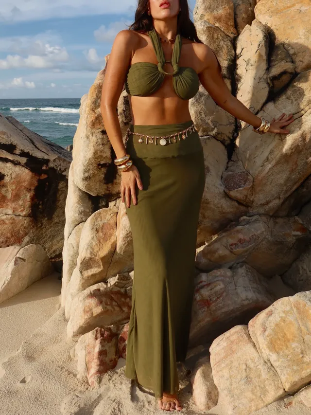 Olive Green Strappy Cropped Top & Hip hugging Skirt Set Olive - Shop at LoveMi