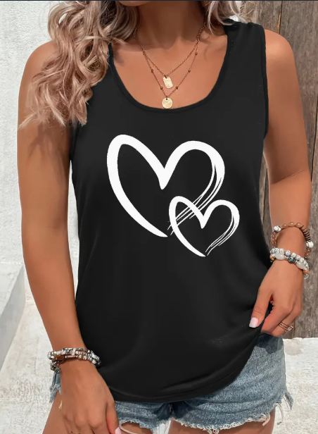 Hearts Print Crew Neck Tank Top, Casual Sleeveless Tank Top For Summer, Women's Clothing Black - Shop at LoveMi