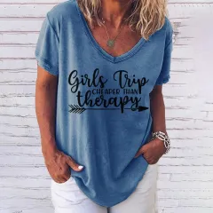 Women's Fashion T-shirt Printed Summer V-neck Casual Top 3D Printed Short Sleeve - Blue - View 1