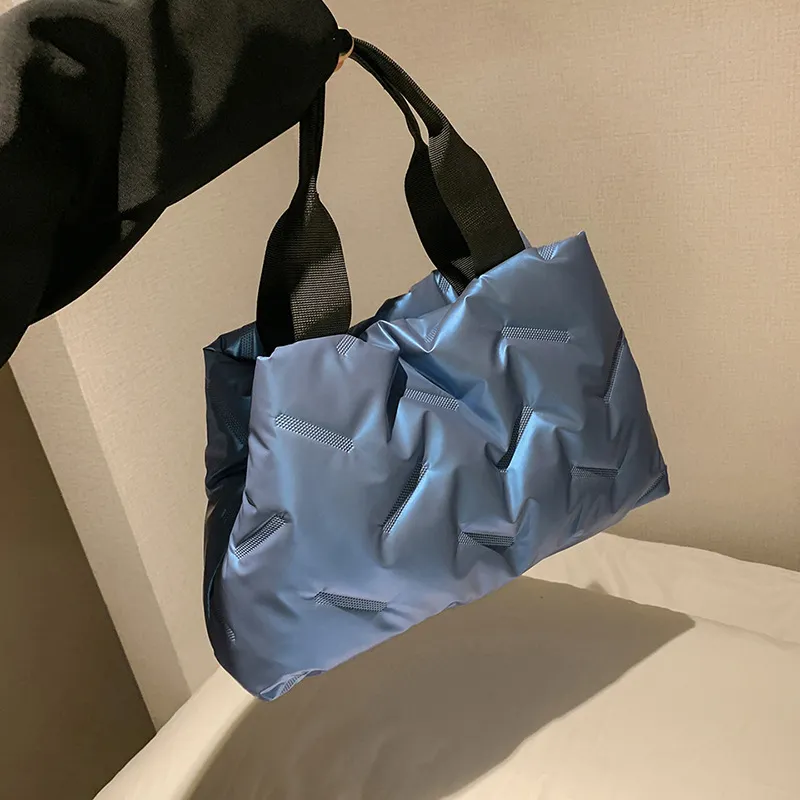 Simple Brightening Down Cotton Filled Tote Bag - Blue