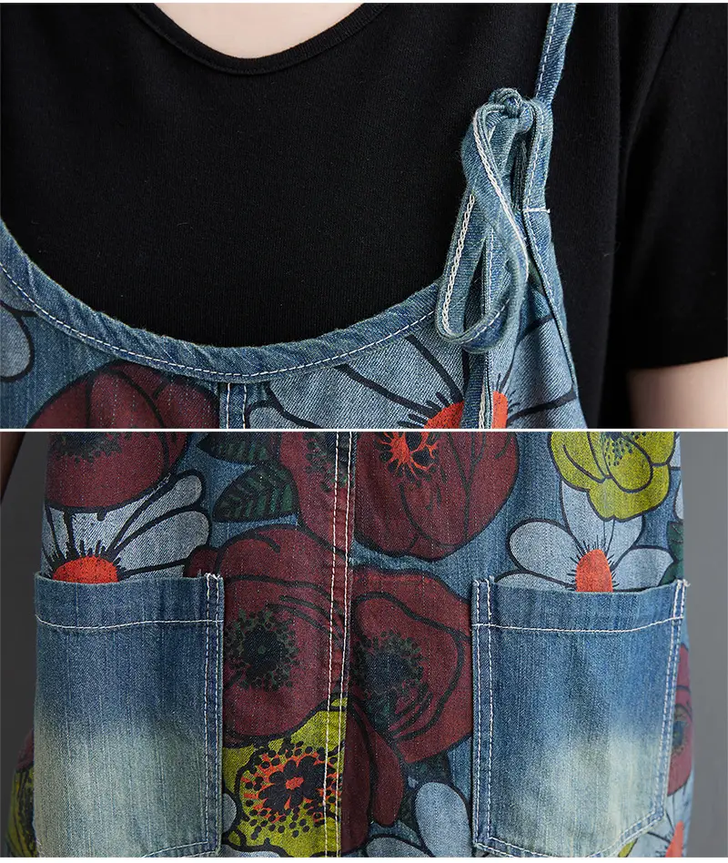Korean New Literary Style Jeans Printed Suspenders Women