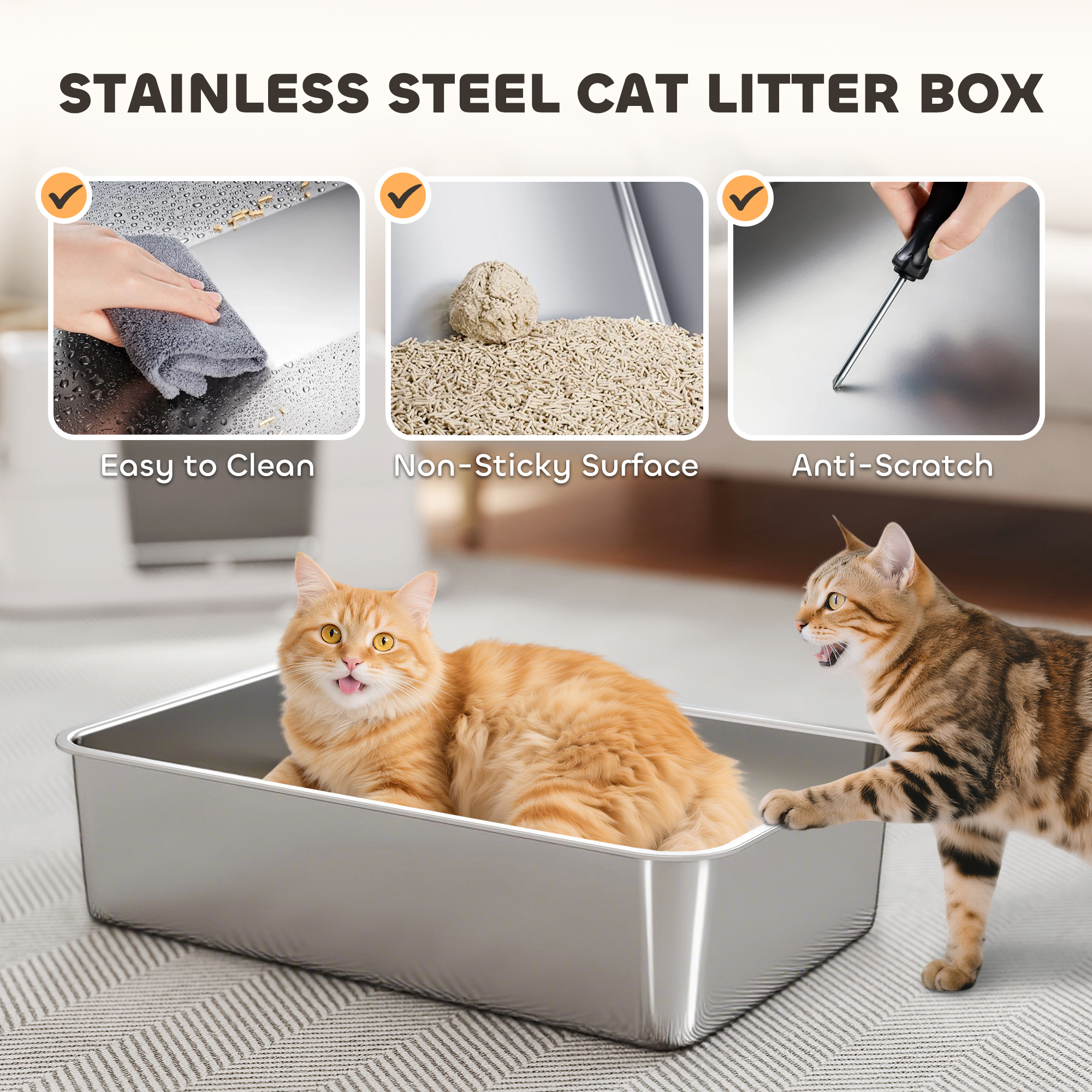 XL Stainless Steel Litter Box W  Flip Top, Scoop, Step, Top & Side Entry Enclosed Litter Box For Big Cats