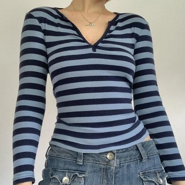 Autumn And Winter New Striped Pullover Long sleeved Tops Blue - Shop at LoveMi