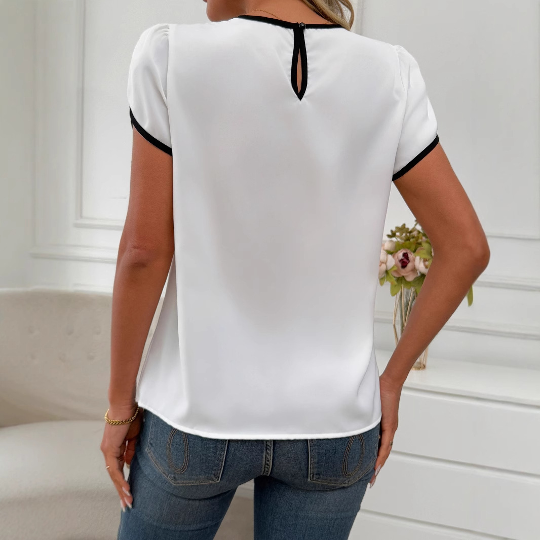 Women's Loose Casual Color Contrast Shirt Short Sleeve Commuter Ruffled Top