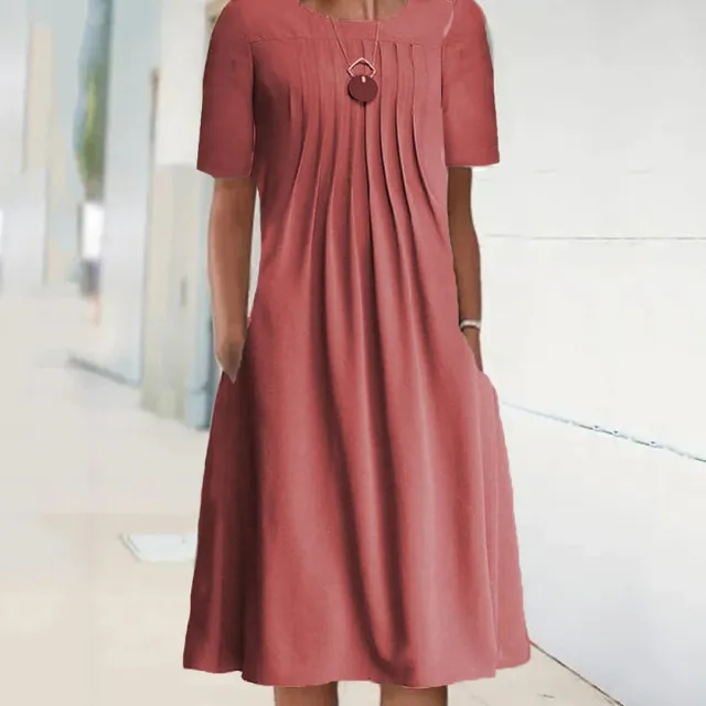 Solid Color Round Neck Pullover Short Sleeve Midi Dress Women's Red - Shop at LoveMi