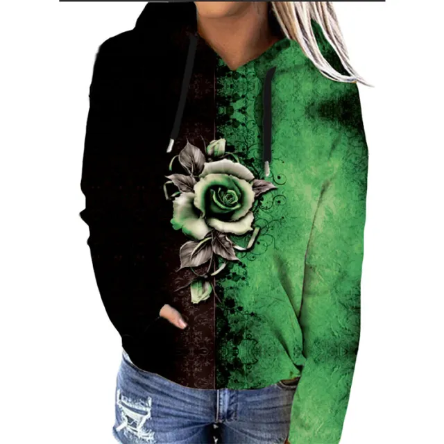 Women's Printed Autumn And Winter Loose Hooded Sweater Coat Green - Shop at LoveMi