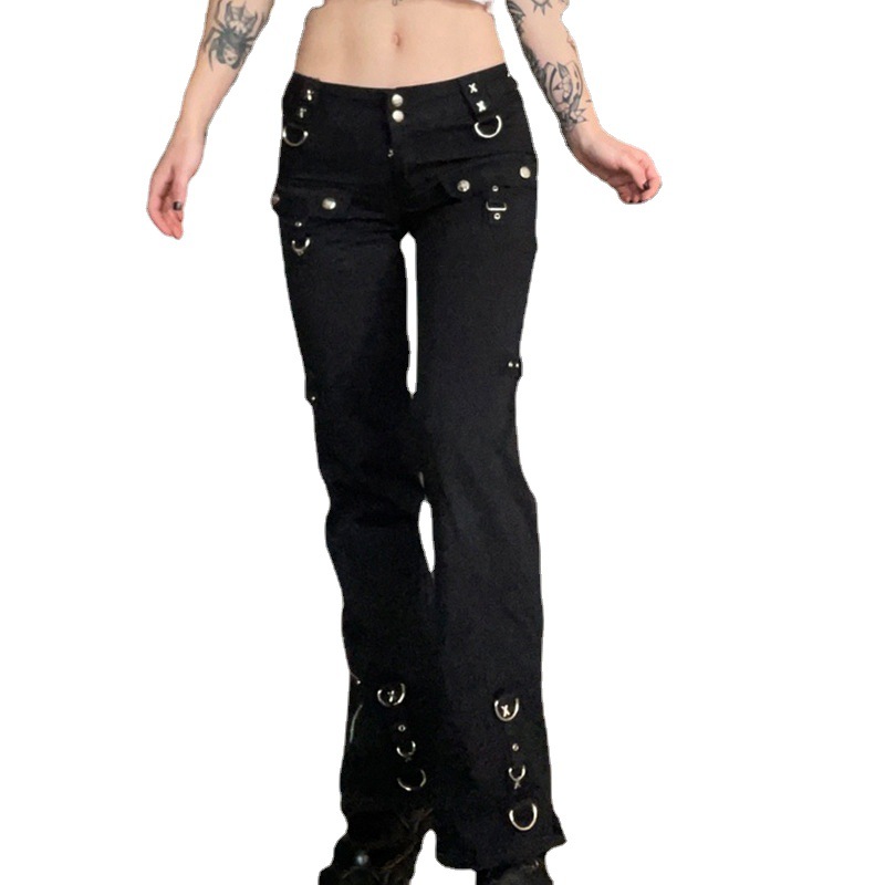 Dark Straight Leg Pants High Waist Street Casual Pants Women