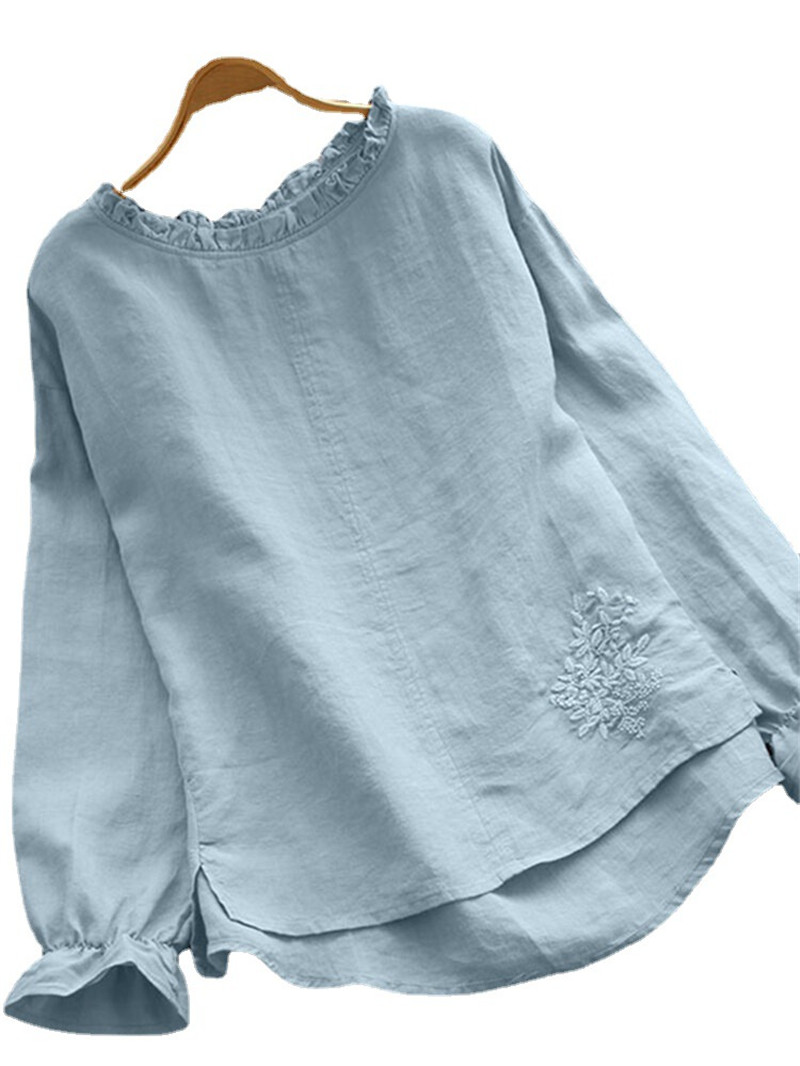 Japanese Lotus Leaf Collar Embroidered Loose Pullover Cotton And Linen Shirt Top