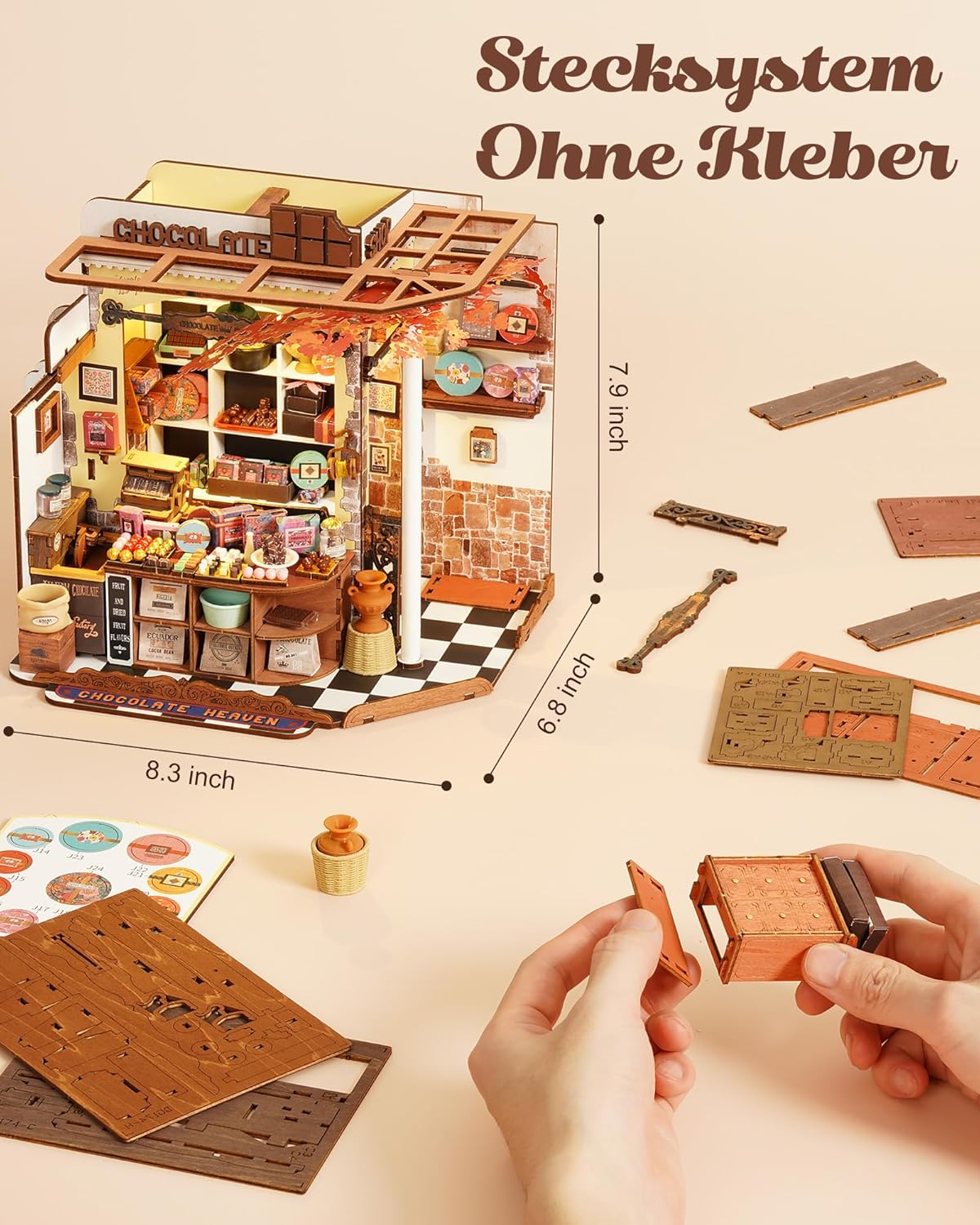 Rolife Henry's Chocolate Shop Miniature House DIY Kit,330-Piece 3D Dollhouse Model With LED Light, No Glue Required, Collectible Display & Craft Gift For Teens & Adults,DG174