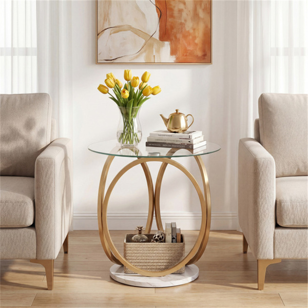 Modern Round Side Table With Tempered Glass And Marble Base_voghion.com