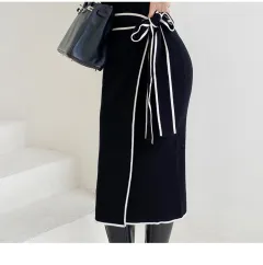 Lace-up Slip-shoulder Knitted Sweater Dress - Black - View 1