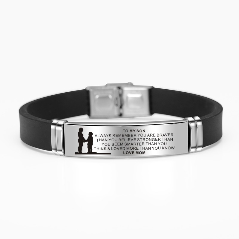 Engraved Mom Dad To Daughter Son Painting Stainless Steel Silicone Bracelet Bangle - Jewelry & Watches