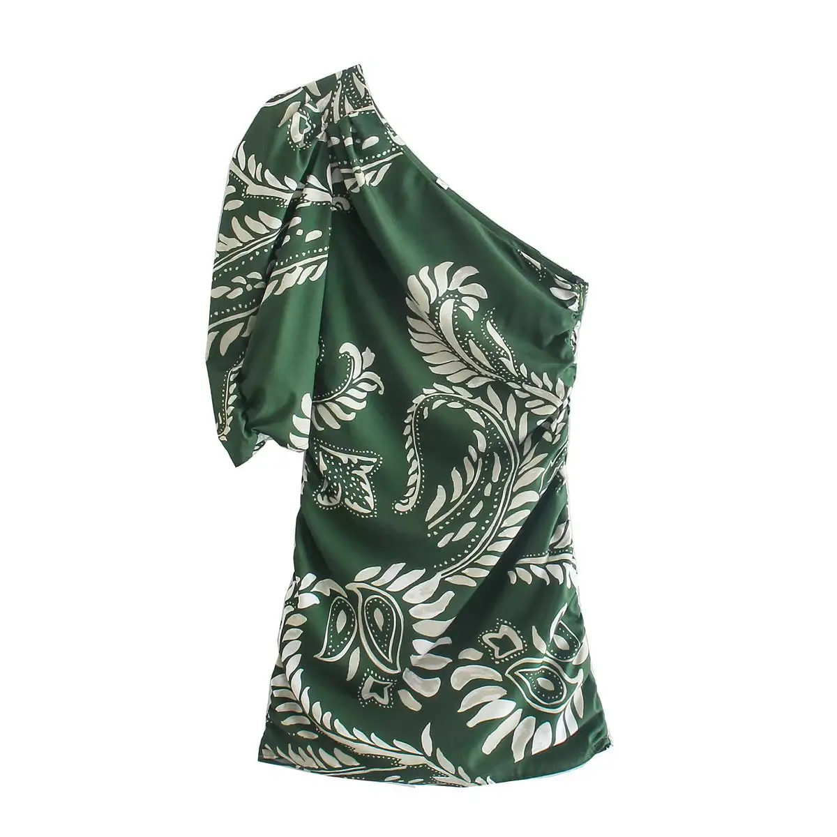 New Green Printed One-shoulder Pleated Dress Slim Sexy Short Skirt