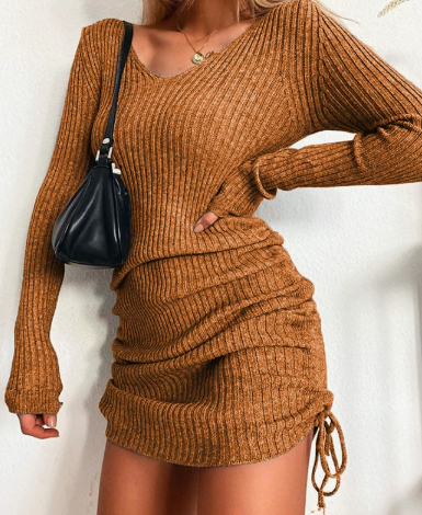 Cross-border European And American Knitted Sweater With V-neck, Long Sleeves, Autumn And Winter, Sexy Slim Fit, Ribbed Dress With Pleats And Drawstring, Basic Dress