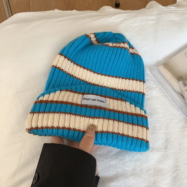 Female Autumn And Winter Color Striped Woolen Hat Blue - Shop at LoveMi