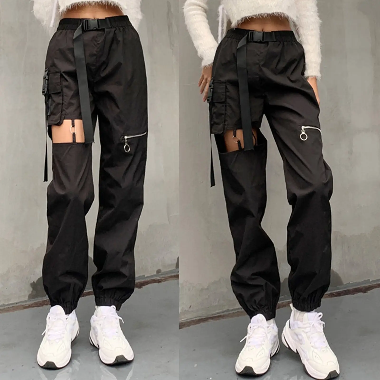 Ladies Hollow Punk High Waist Zippered Cargo Pants
