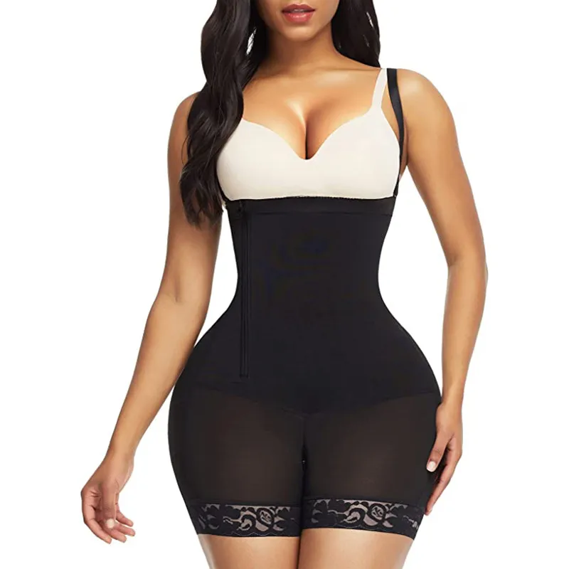 Sling Fat Woman Side Zipper Buckle One-piece Tummy Tuck And Hip Bodysuit - Black