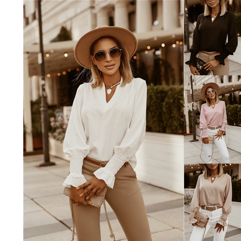 Solid Color Simple Cuff V-Neck Women's Shirt