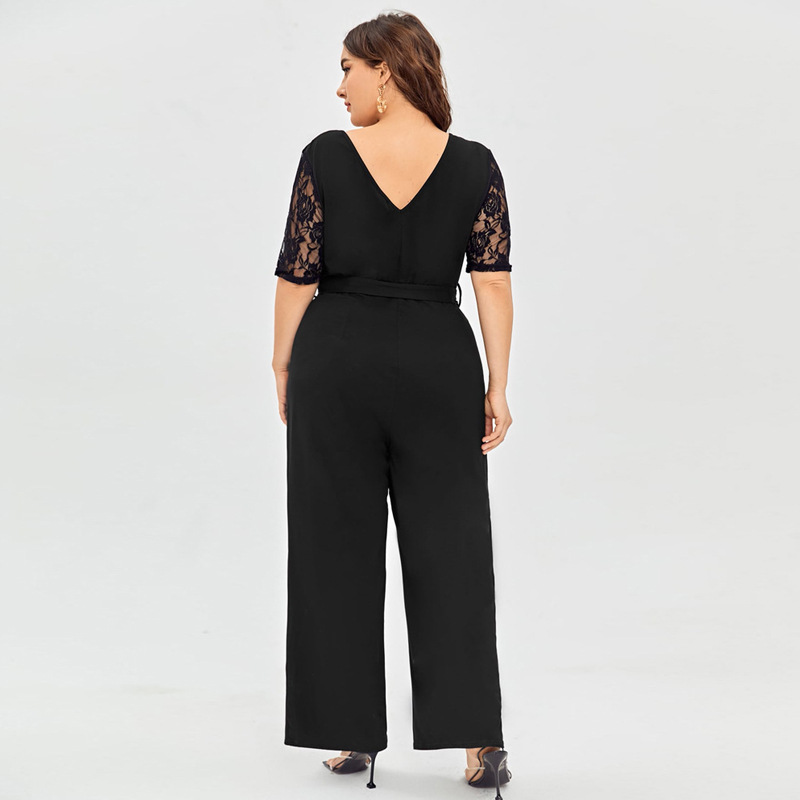 Women’s Deep V Neck Lace Short Sleeve Plus Size Jumpsuit
