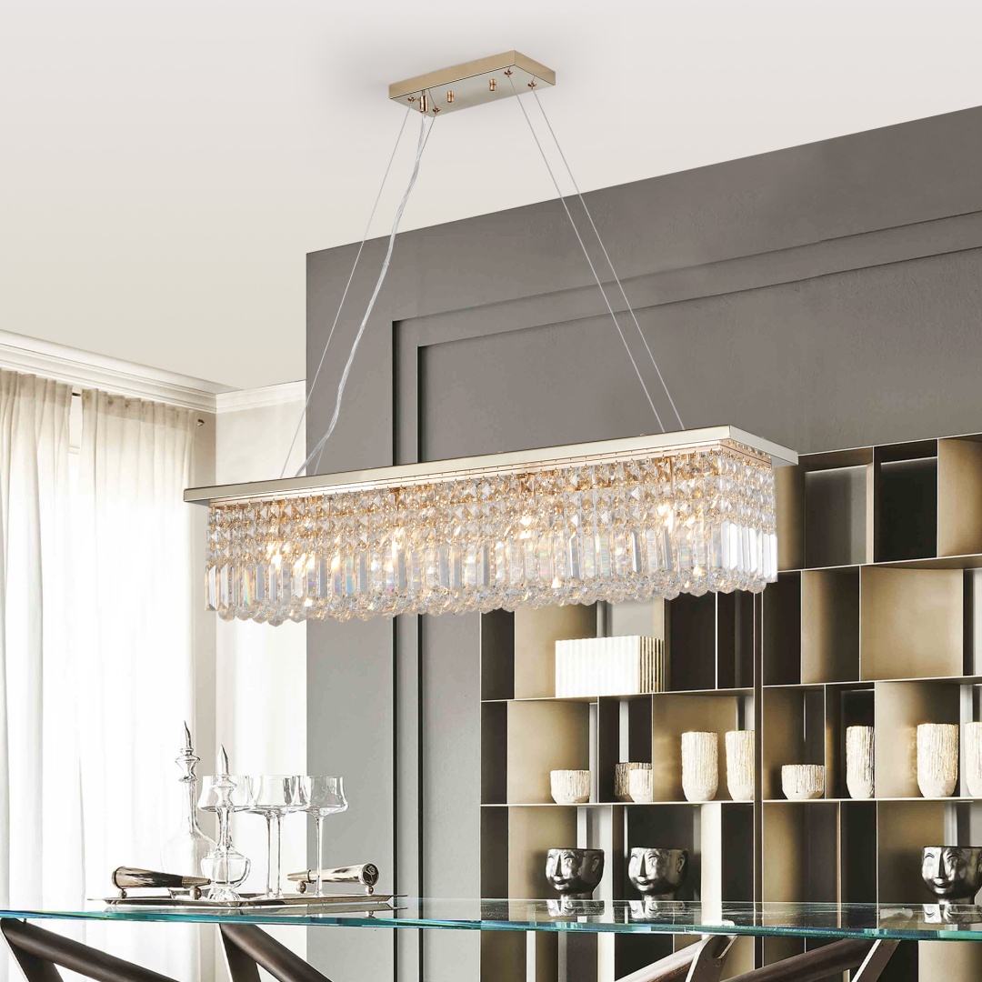 Modern Crystal Chandelier For Dining Room 8-Light Gold Rectangle Raindrop Chandelier Contemporary Rectangular Pendant Light Fixture For Kitchen Island Bar L39.4 X W9.8 X H8.7 Bulb Not Included