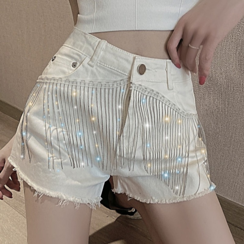 High Waist Denim Shorts Thin Black Chain Tassels