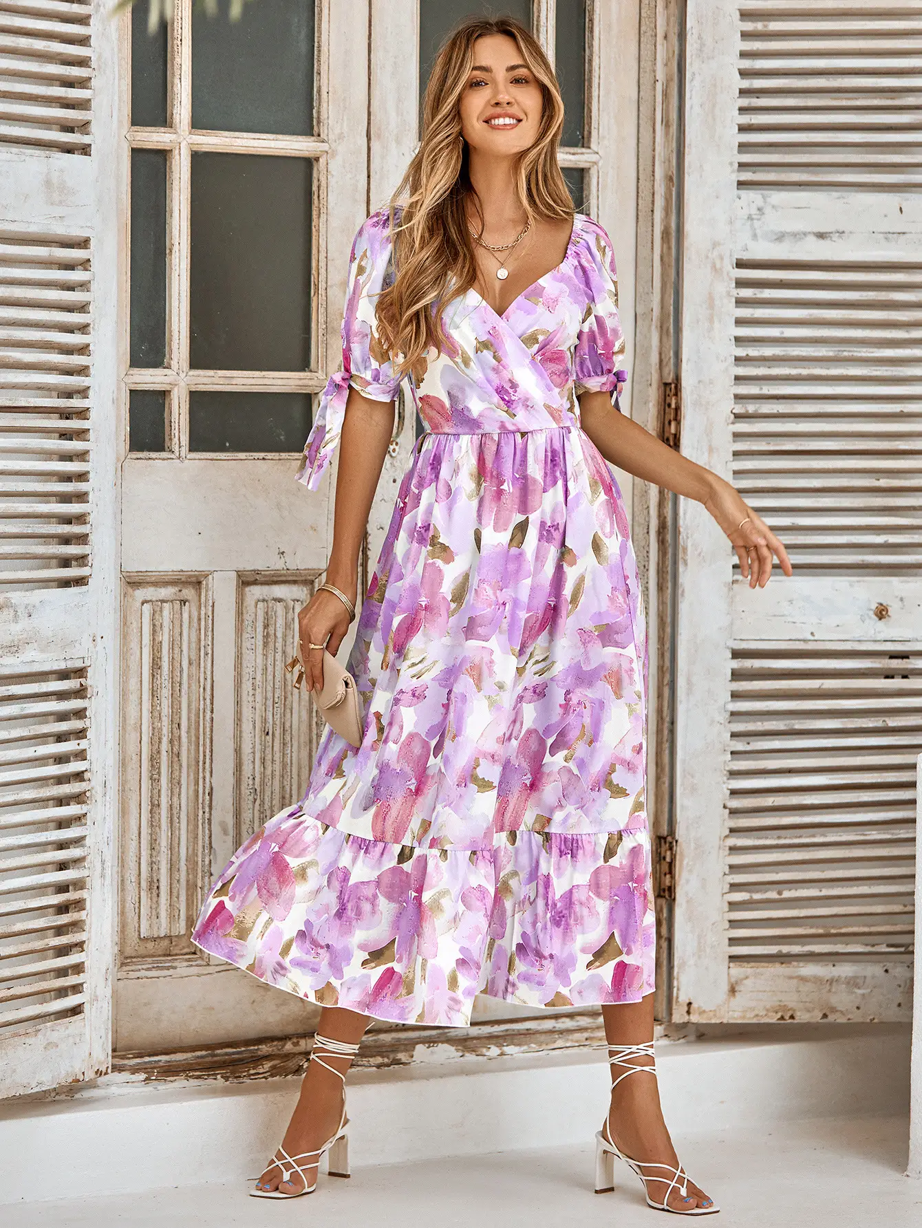 Floral Print V-Neck Midi Dress with Puff Sleeves and Tie Detail