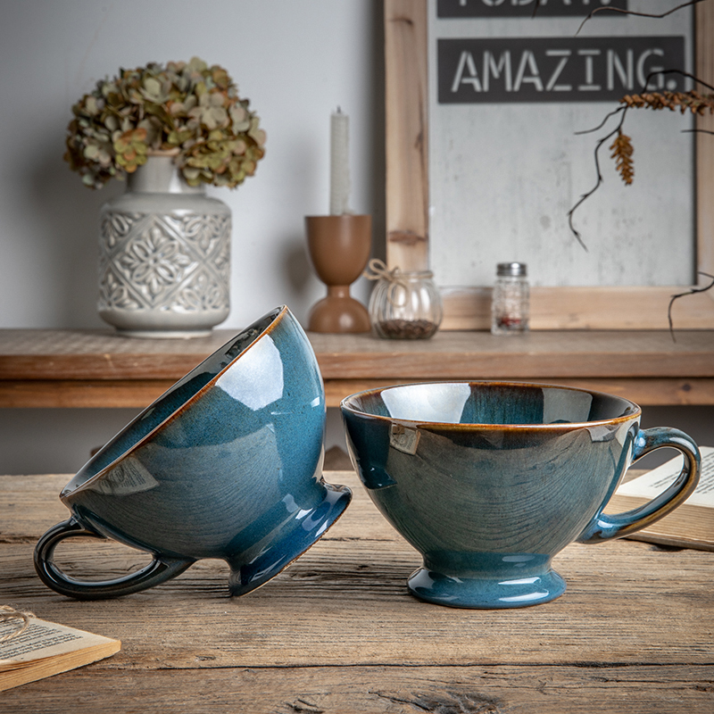 Vintage Blue Fruit Oatmeal Breakfast Mug