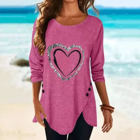 Irregular Long sleeved Button T shirt With Love Print Pink - Shop at LoveMi