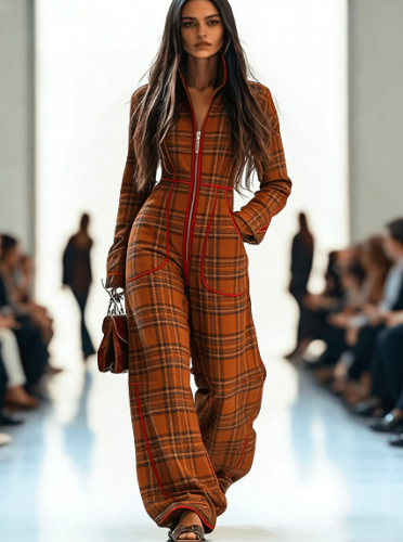 Zippered Long-sleeved Casual Wide-leg Jumpsuit