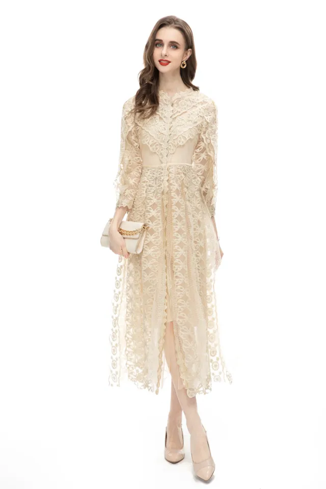 Women's Elegant Mesh Embroidered Perspective Long Skirt Apricot - Shop at LoveMi
