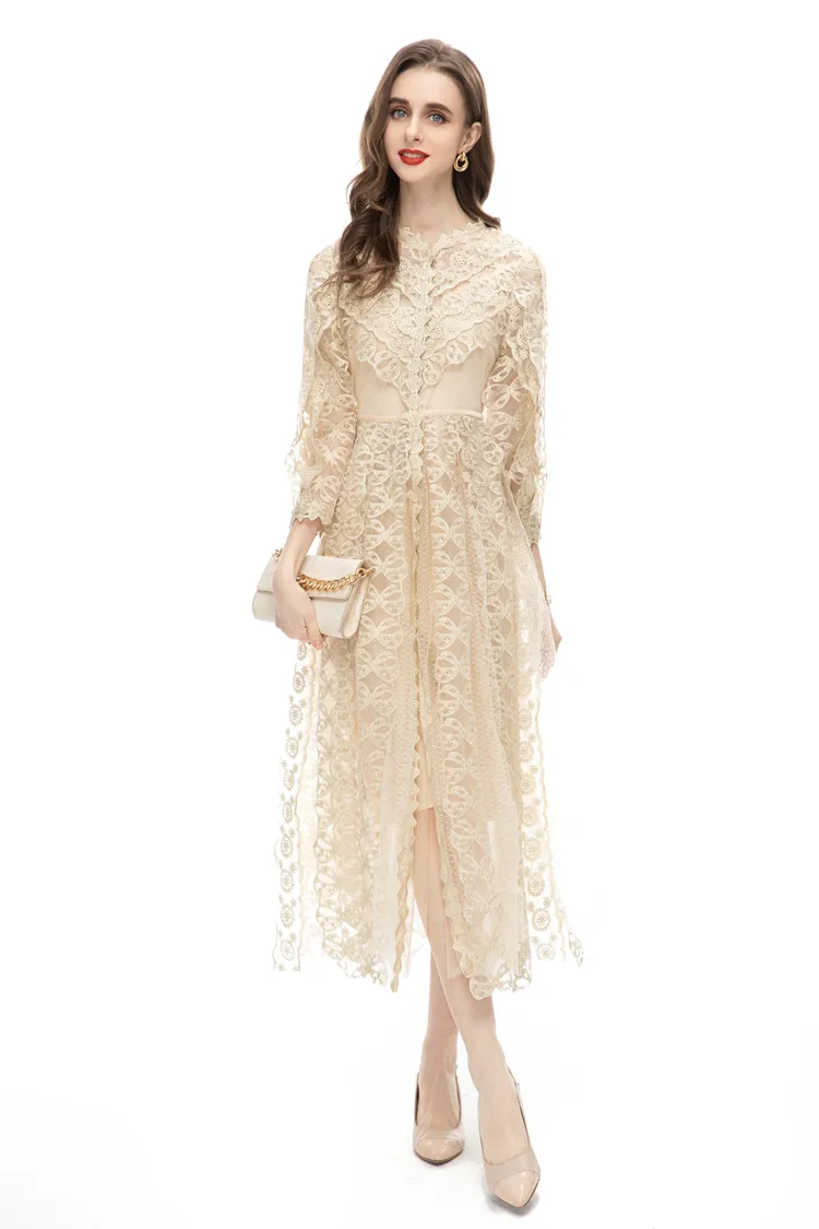 Women's Elegant Mesh Embroidered Perspective Long Skirt - Apricot