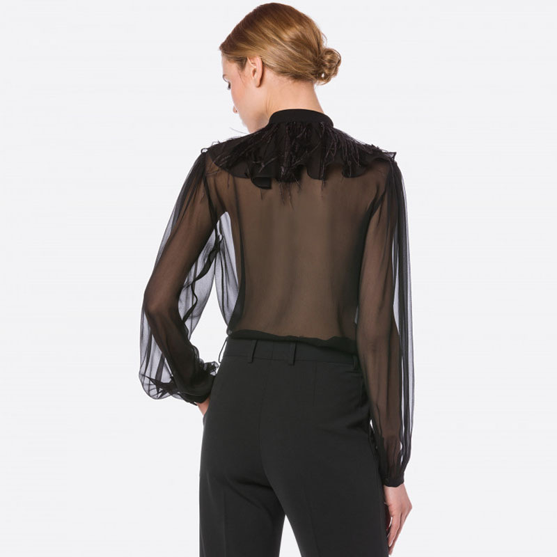 Title 4, Stand Collar Ruffle Puff Long Sleeve Sheer Chif...