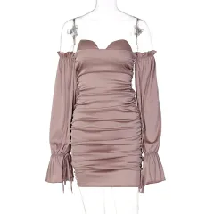 Solid Color Off-the-shoulder Lantern Sleeve Tube Top Pleated Hip Dress - Pink - View 1