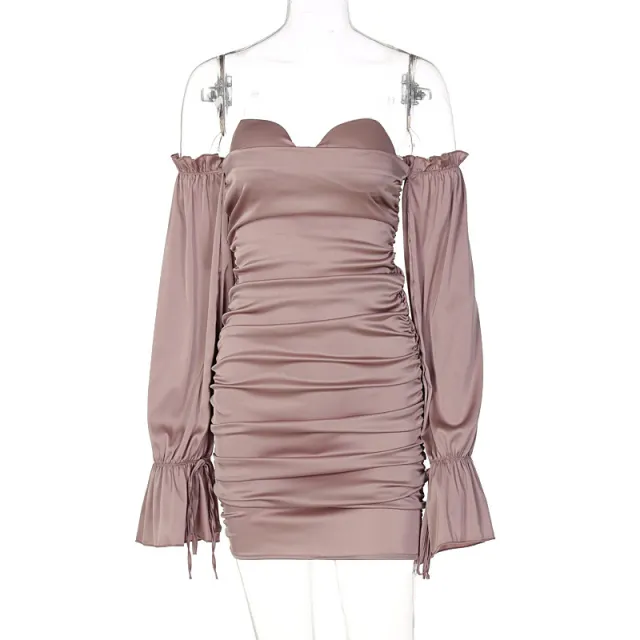 Solid Color Off the shoulder Lantern Sleeve Tube Top Pleated Hip Dress Pink - Shop at LoveMi